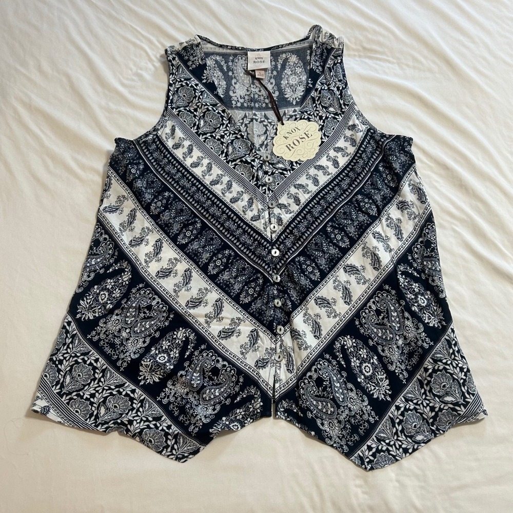 Knox Rose Navy White Paisley Sleeveless Button Down Blouse Top Large NWT